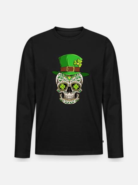 Sugar Skull Irish Irland Kleeblatt St Patricks Day - Männer Premium Bio Langarmshirt - Schwarz