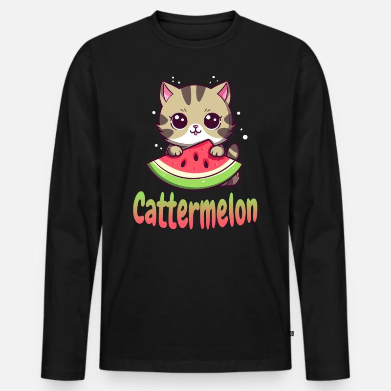 Katze mit Melone - Männer Premium Bio Langarmshirt - Schwarz