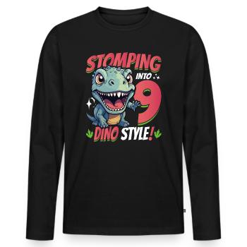 T-Rex Turning 9: Stomping into 9th Dino Style Bday - Men's Premium Organic Long Sleeve Shirt - black - Front - Nico (187cm)
