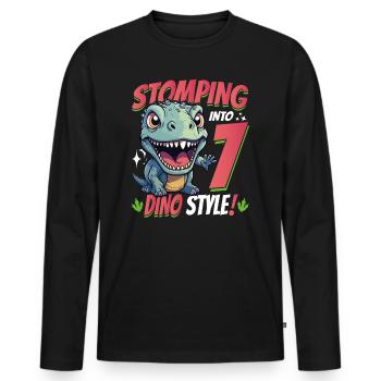 T-Rex Turning 7: Stomping into 7th Dino Style Bday - Men's Premium Organic Long Sleeve Shirt - black - Front - Nico (187cm)