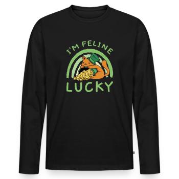 Saint-Patrick Chat heureux Kitty Chaton - T-shirt manches longues Premium bio Homme - noir - Devant - Nico (187cm)
