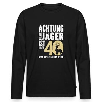 Achtung, dieser Jäger ist 40 - Männer Premium Bio Langarmshirt - Schwarz - Vorne - Nico (187cm)