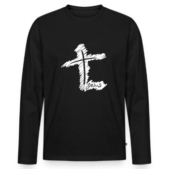 Jésus avec la Croix - T-shirt manches longues Premium bio Homme - noir - Devant - Nico (187cm)