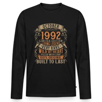 Octobre 1992 Cadeau d’anniversaire de naissance - T-shirt manches longues Premium bio Homme - noir - Devant - Nico (187cm)