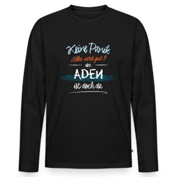 Aden - Keine Panik. Alles wird gut - Männer Premium Bio Langarmshirt - Schwarz - Vorne - Nico (187cm)