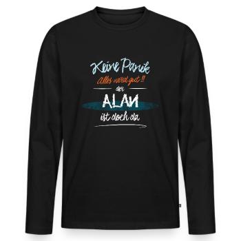 Alan - Keine Panik. Alles wird gut - Männer Premium Bio Langarmshirt - Schwarz - Vorne - Nico (187cm)