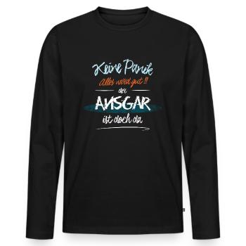 Ansgar - Keine Panik. Alles wird gut - Männer Premium Bio Langarmshirt - Schwarz - Vorne - Nico (187cm)