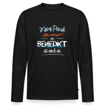 Benedikt - Keine Panik. Alles wird gut - Männer Premium Bio Langarmshirt - Schwarz - Vorne - Nico (187cm)