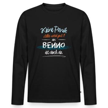 Benno - Keine Panik. Alles wird gut - Männer Premium Bio Langarmshirt - Schwarz - Vorne - Nico (187cm)