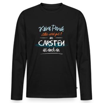 Carsten - Keine Panik. Alles wird gut - Männer Premium Bio Langarmshirt - Schwarz - Vorne - Nico (187cm)