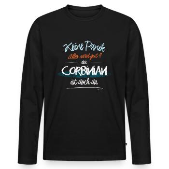 Corbinian - Keine Panik. Alles wird gut - Männer Premium Bio Langarmshirt - Schwarz - Vorne - Nico (187cm)