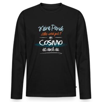 Cosmo - Keine Panik. Alles wird gut - Männer Premium Bio Langarmshirt - Schwarz - Vorne - Nico (187cm)
