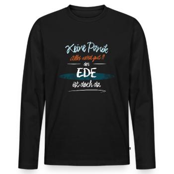 Ede - Keine Panik. Alles wird gut - Männer Premium Bio Langarmshirt - Schwarz - Vorne - Nico (187cm)