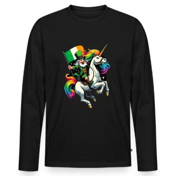 Einhorn reitender Leprechaun (Irischer Kobold) - Männer Premium Bio Langarmshirt - Schwarz - Vorne - Nico (187cm)