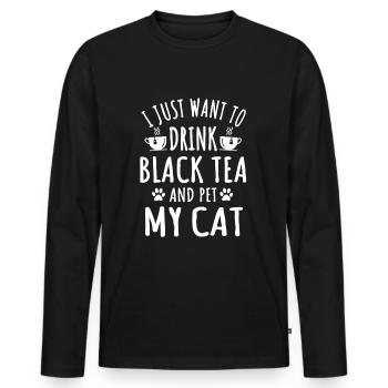 Drôle de citation d’amoureux du thé noir et du chat - T-shirt manches longues Premium bio Homme - noir - Devant - Nico (187cm)
