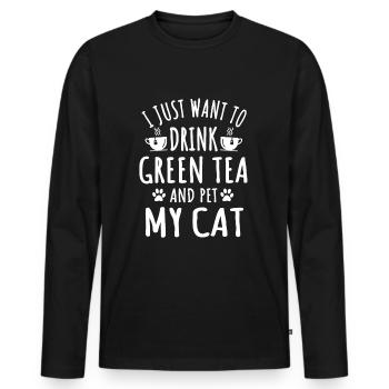Lustiger Grüner Tee Und Katzenliebhaber - Männer Premium Bio Langarmshirt - Schwarz - Vorne - Nico (187cm)