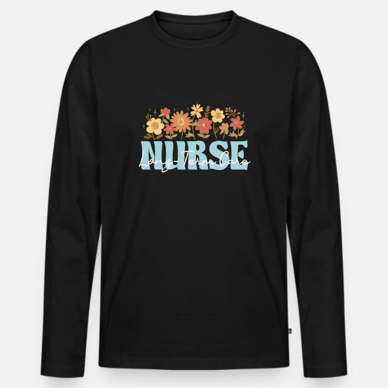 Langzeitpflege Krankenschwester Mit Blumenmotiv - Männer Premium Bio Langarmshirt - Schwarz