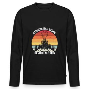 Genieße das Leben in vollen ZÜGEN Bahnfahrer Beruf - Männer Premium Bio Langarmshirt - Schwarz - Vorne - Nico (187cm)