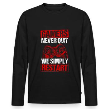 Gamers Never Quit - We Simply Restart Gaming Gamer - Männer Premium Bio Langarmshirt - Schwarz - Vorne - Nico (187cm)