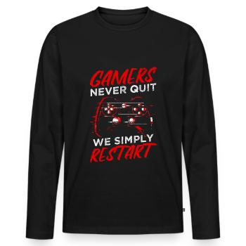 Gamers Never Quit - We Simply Restart Gaming Gamer - Männer Premium Bio Langarmshirt - Schwarz - Vorne - Nico (187cm)