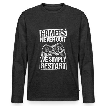 Gamers Never Quit - We Simply Restart Gaming Gamer - Männer Premium Bio Langarmshirt - Anthrazit meliert - Vorne - Nico (187cm)