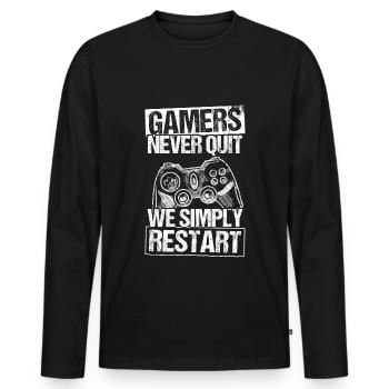 Gamers Never Quit - We Simply Restart Gaming Gamer - Männer Premium Bio Langarmshirt - Schwarz - Vorne - Nico (187cm)
