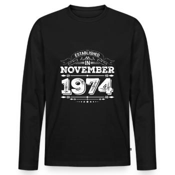 Established in November 1974 - Men's Premium Organic Long Sleeve Shirt - black - Front - Nico (187cm)