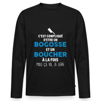 Boucher idée cadeau humour profession boucher - T-shirt manches longues Premium bio Homme - noir - Devant - Nico (187cm)