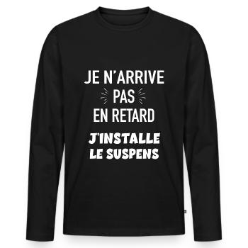 Je n'arrive pas en retard j'installe le suspens - T-shirt manches longues Premium bio Homme - noir - Devant - Nico (187cm)