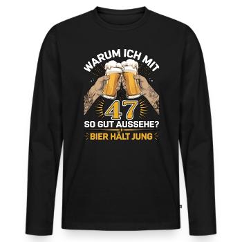 Pourquoi est-ce que j’ai l’air si bien à 47 ans ? La bière vous garde jeune - T-shirt manches longues Premium bio Homme - noir - Devant - Nico (187cm)