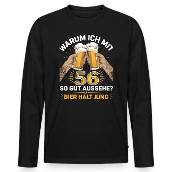 Pourquoi est-ce que j’ai l’air si bien à 56 ans ? La bière vous garde jeune - T-shirt manches longues Premium bio Homme - noir - Devant - Nico (187cm)