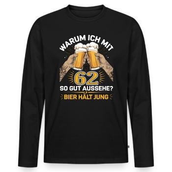 Pourquoi est-ce que j’ai l’air si bien à 62 ans ? La bière vous garde jeune - T-shirt manches longues Premium bio Homme - noir - Devant - Nico (187cm)