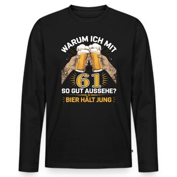 Pourquoi est-ce que j’ai l’air si bien à 61 ans ? La bière vous garde jeune - T-shirt manches longues Premium bio Homme - noir - Devant - Nico (187cm)
