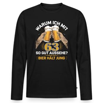 Pourquoi est-ce que j’ai l’air si bien à 63 ans ? La bière vous garde jeune - T-shirt manches longues Premium bio Homme - noir - Devant - Nico (187cm)