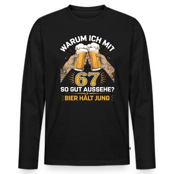 Pourquoi est-ce que j’ai l’air si bien à 67 ans ? La bière vous garde jeune - T-shirt manches longues Premium bio Homme - noir - Devant - Nico (187cm)