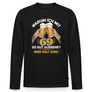 Pourquoi est-ce que j’ai l’air si bien à 69 ans ? La bière vous garde jeune - T-shirt manches longues Premium bio Homme - noir - Devant - Nico (187cm)