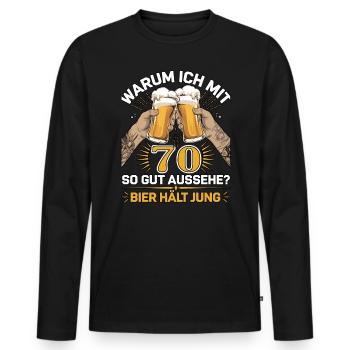 Pourquoi est-ce que j’ai l’air si bien à 70 ans ? La bière vous garde jeune - T-shirt manches longues Premium bio Homme - noir - Devant - Nico (187cm)