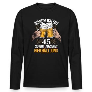 Pourquoi est-ce que j’ai l’air si bien à 45 ans ? La bière vous garde jeune - T-shirt manches longues Premium bio Homme - noir - Devant - Nico (187cm)