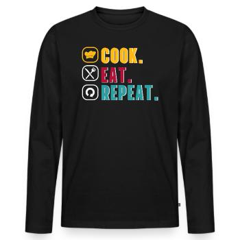 Koch Hobbykoch Köchin Cook Eat Repeat Geschenkidee - Männer Premium Bio Langarmshirt - Schwarz - Vorne - Nico (187cm)