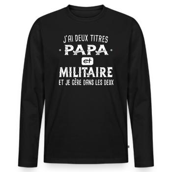 Papa militaire. Cadeau fête des pères, armée père - T-shirt manches longues Premium bio Homme - noir - Devant - Nico (187cm)