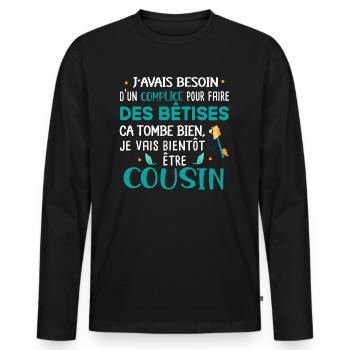 Futur cousin Cadeau naissance bébé Humour - T-shirt manches longues Premium bio Homme - noir - Devant - Nico (187cm)