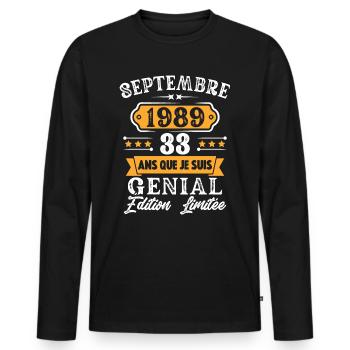 Cadeau D'anniversaire 33 Ans Septembre 1989 Rétro - T-shirt manches longues Premium bio Homme - noir - Devant - Nico (187cm)