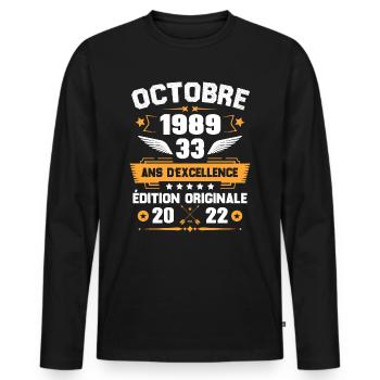 Octobre 1989 Idée cadeau d'anniversaire 33 ans - T-shirt manches longues Premium bio Homme - noir - Devant - Nico (187cm)