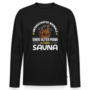 Ne sous-estimez jamais un vieil homme dans un sauna - T-shirt manches longues Premium bio Homme - noir - Devant - Nico (187cm)