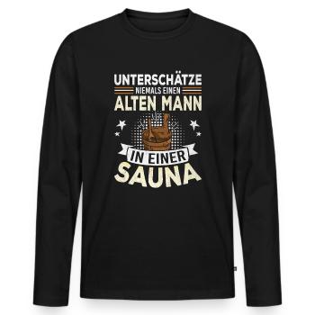 Ne sous-estimez jamais un vieil homme dans un sauna - T-shirt manches longues Premium bio Homme - noir - Devant - Nico (187cm)