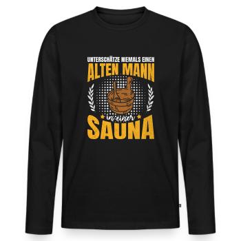 Ne sous-estimez jamais un vieil homme dans un sauna - T-shirt manches longues Premium bio Homme - noir - Devant - Nico (187cm)