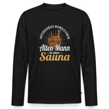 Ne sous-estimez jamais un vieil homme dans un sauna - T-shirt manches longues Premium bio Homme - noir - Devant - Nico (187cm)