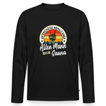 Ne sous-estimez jamais un vieil homme dans un sauna - T-shirt manches longues Premium bio Homme - noir - Devant - Nico (187cm)