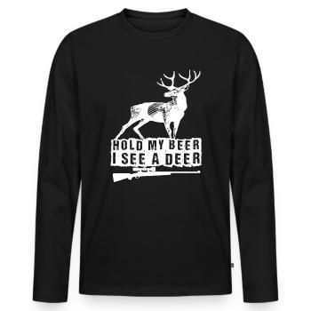 Hunter Hold My Beer I See A Deer - Men's Premium Organic Long Sleeve Shirt - black - Front - Nico (187cm)
