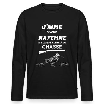 Chasse humour chasseur la bécasse - T-shirt manches longues Premium bio Homme - noir - Devant - Nico (187cm)